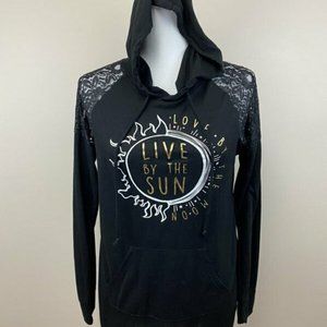 Jerry Leigh Juniors M Black Lace Shoulder Hooded Shirt Live Love Sun Moon
